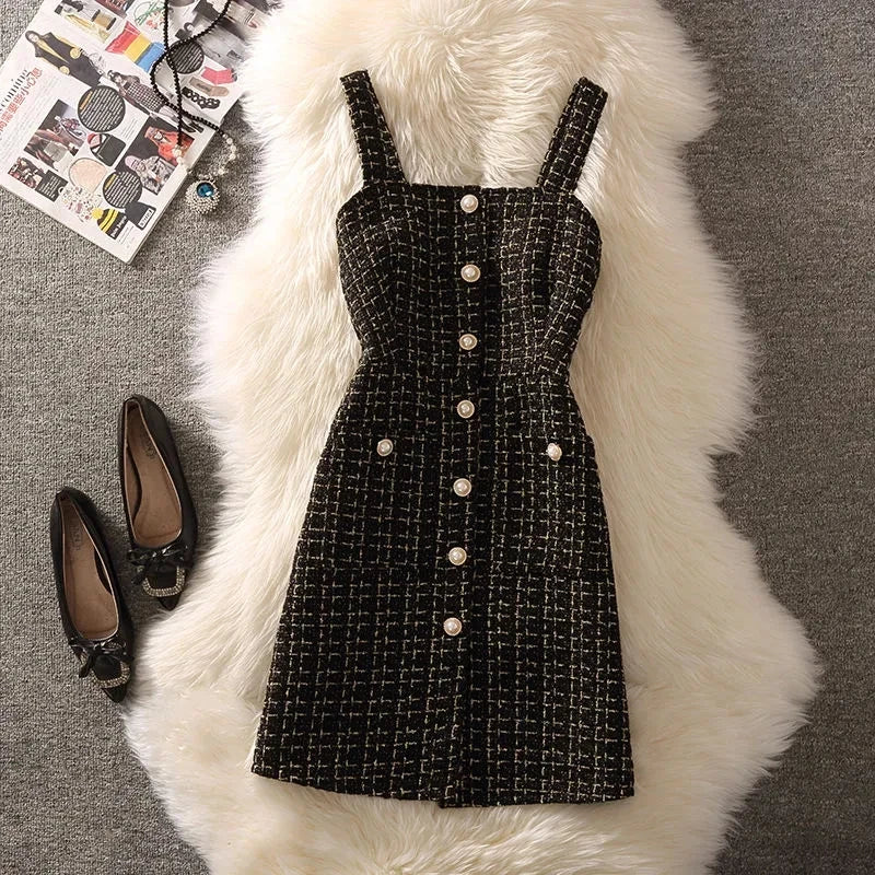 Women Autumn Winter Dress New Small Fragrant Tweed Vest Suspender Woolen Dress Bottom Knitted Sweater Female Two-Piece Set Suit