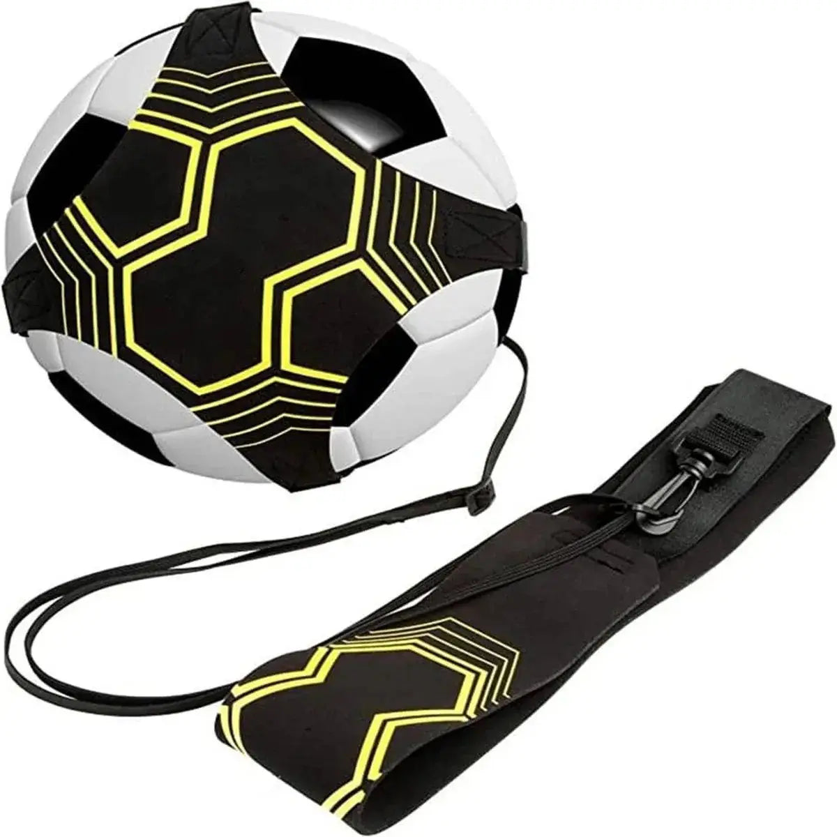 soccer kick trainer solo practice equipment featuring a black and white soccer ball with neon yellow geometric patterns wrapped in a matching black strap with the same design.