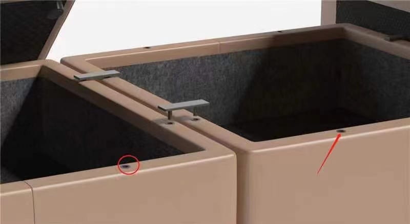 Beige rectangular storage bin with dark gray interior lining and metallic latches designed for heavy duty l shaped metal shelf bracket supporting up to 200kg.