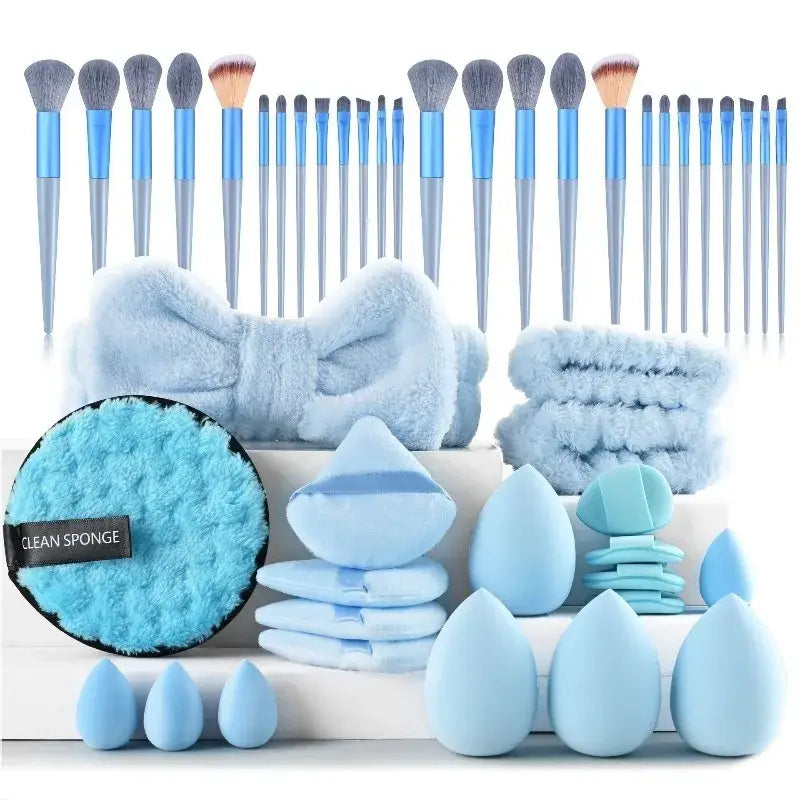 a set of blue makeup brushes with silver ferrules and light blue handles arranged in neat rows for precise makeup application and eye makeup application in the makeup brush and sponge set 46 piece pink