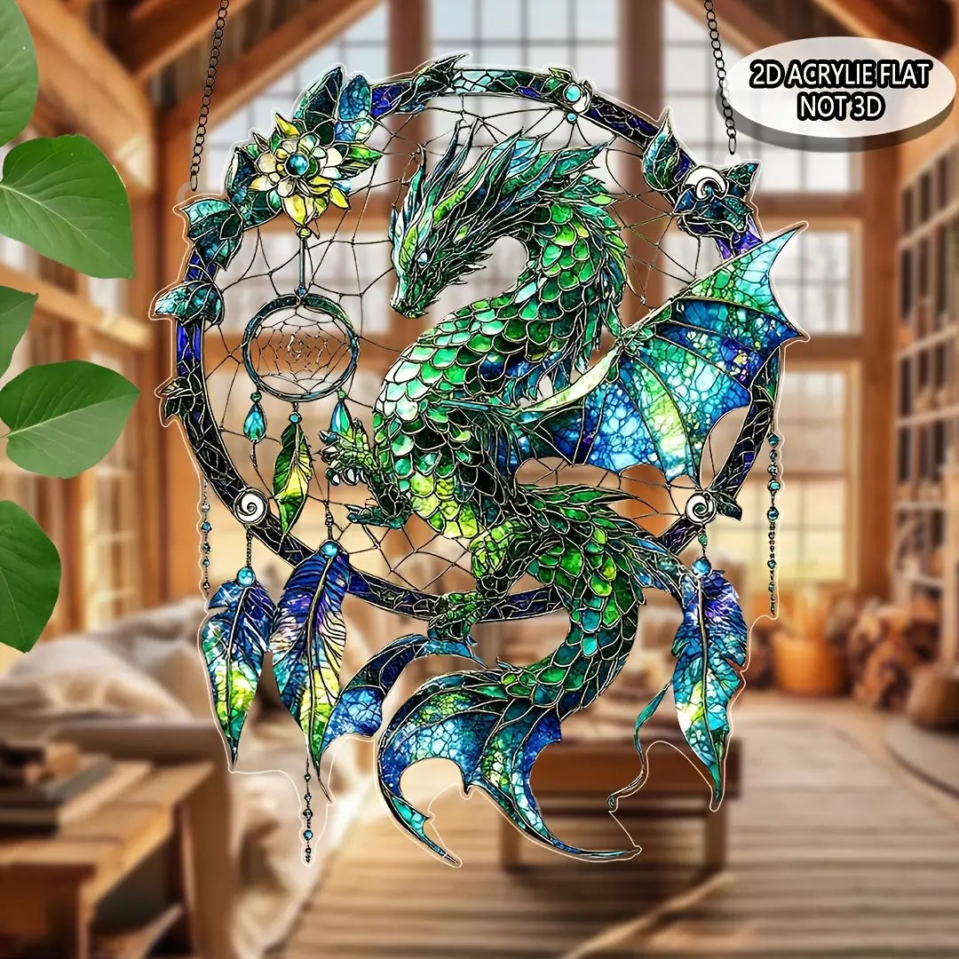 Un atrapasueños acrílico vibrante de dragón verde y azul, con escamas intrincadas, plumas y detalles de cuentas, mostrado de frente.