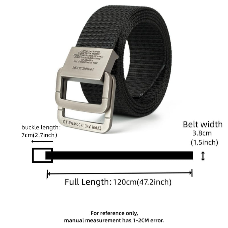 Black men canvas tactical belt with a silver-toned automatic metal buckle featuring engraved text.