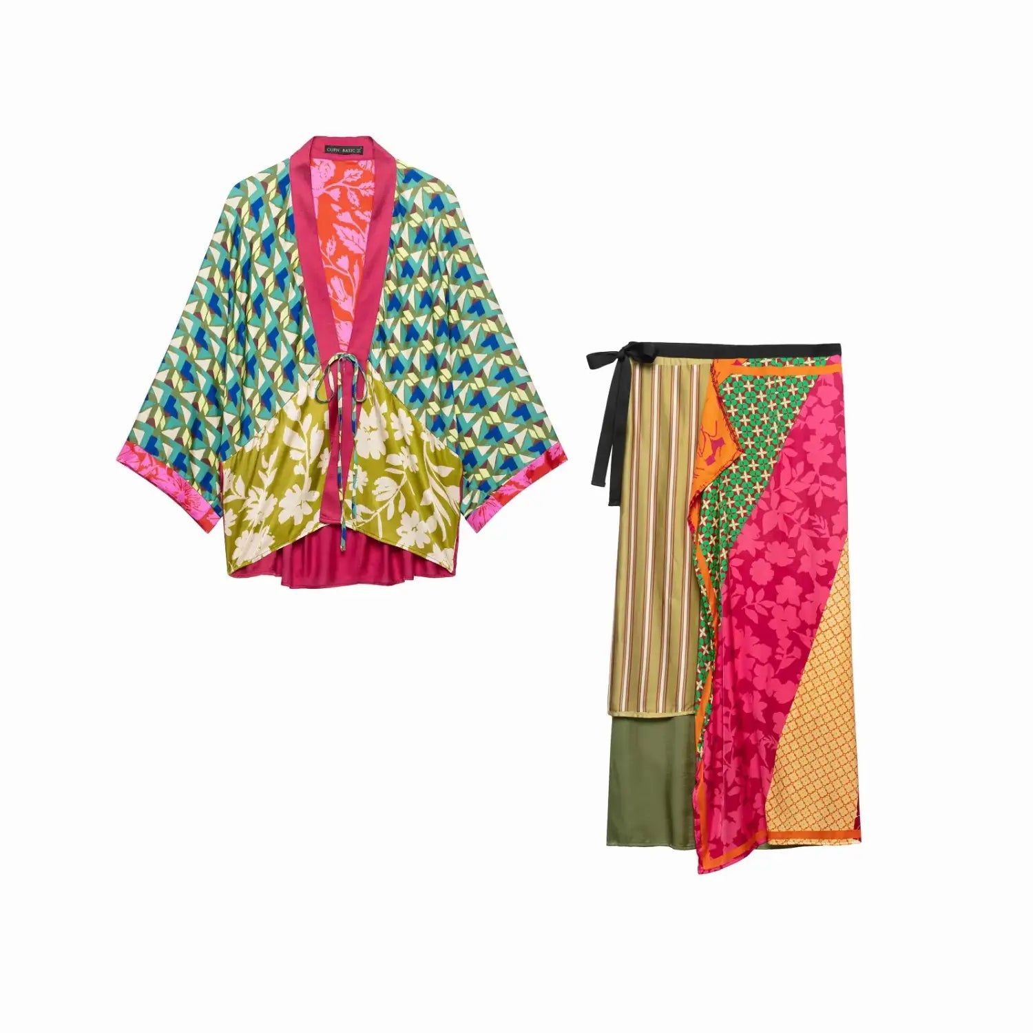 Vibrant patchwork silk floral print two piece midi skirt set featuring bold geometric floral and striped patterns with pink green blue and gold accents.
