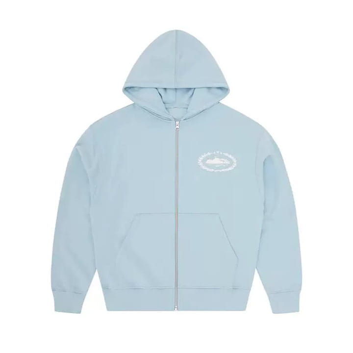 Homme Betawoo sweat à capuche zippé en polaire bleu clair, avec un logo brodé blanc sur la poitrine et des poignets et un bas côtelés.