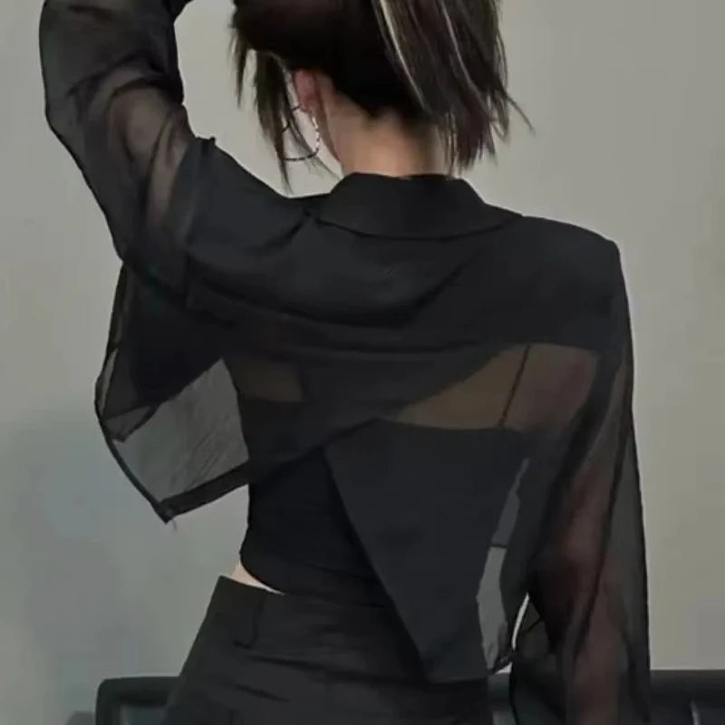 Sun-proof Blazers Women Cropped See-through Back-slit Summer Aesthetic Patchwork Streetwear Office Lady Fashionable Outwear 2025