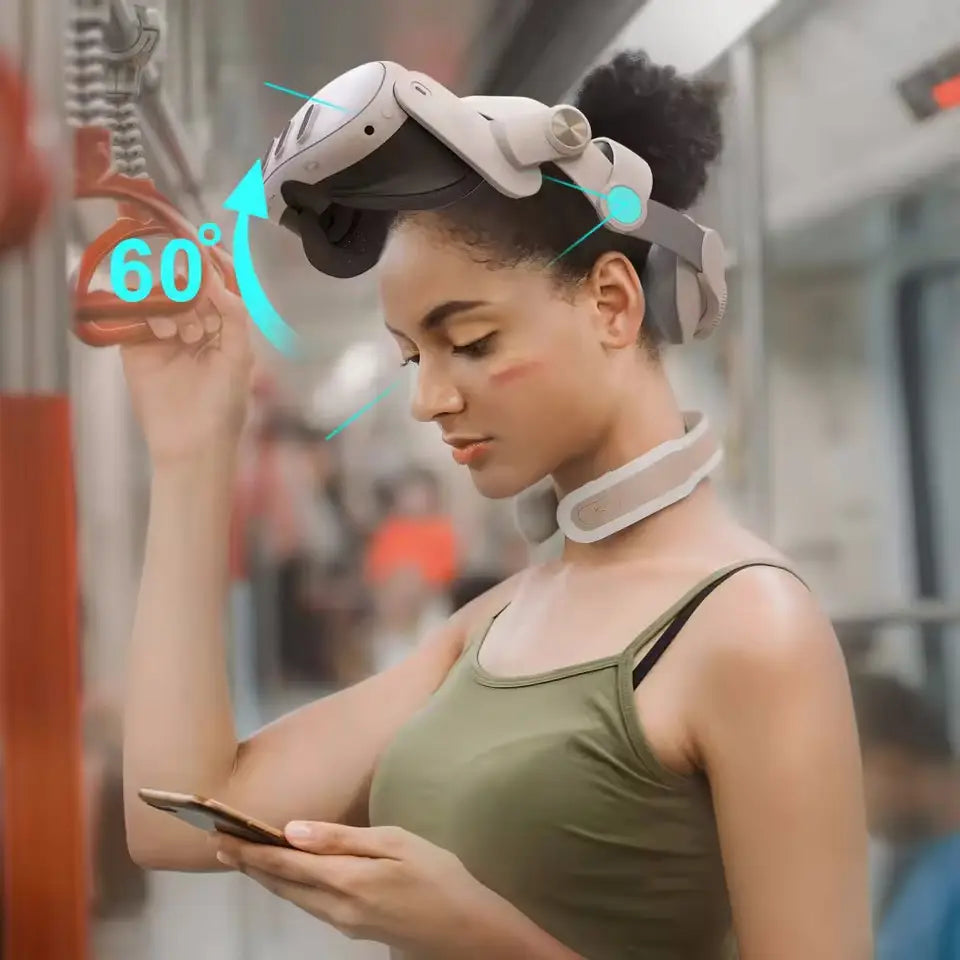 Une sangle de casque élégante gris clair et noire pour la réalité virtuelle Meta Quest 3, avec une sangle de soutien confortable pour la nuque.