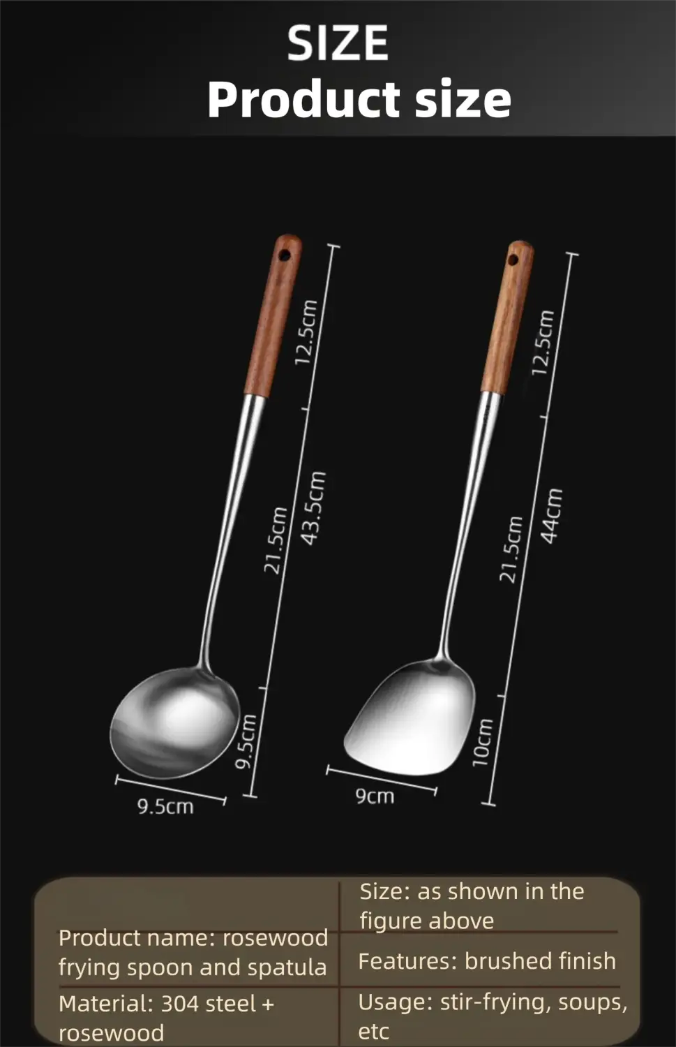 Ensemble de spatule à wok et de louche en acier inoxydable, avec poignées en palissandre et têtes en acier inoxydable brossé, conçu pour la cuisson.