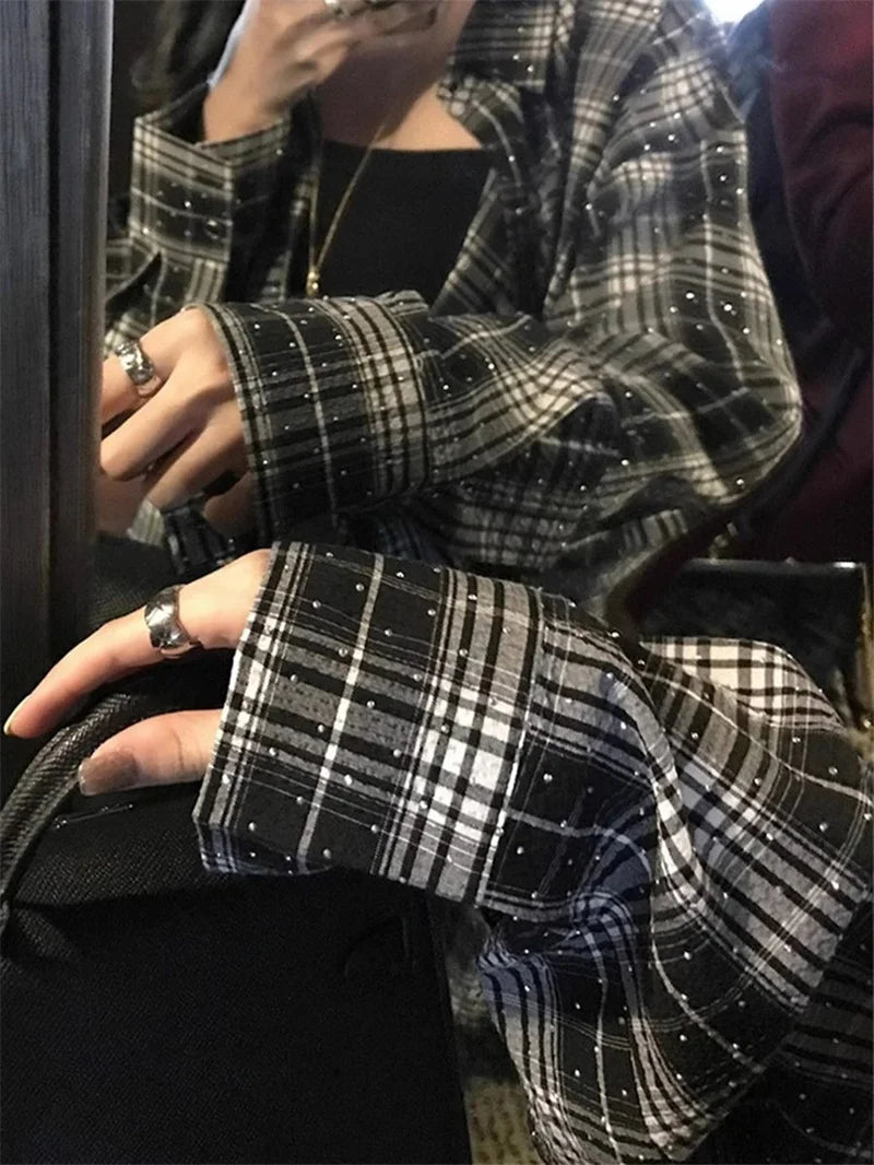 Woman Blouses Woman Clothes Autumn new Rhinestones Shiny Plaid Single-breasted Shirt Women's Casual Loose Wind Shirt tide Coat