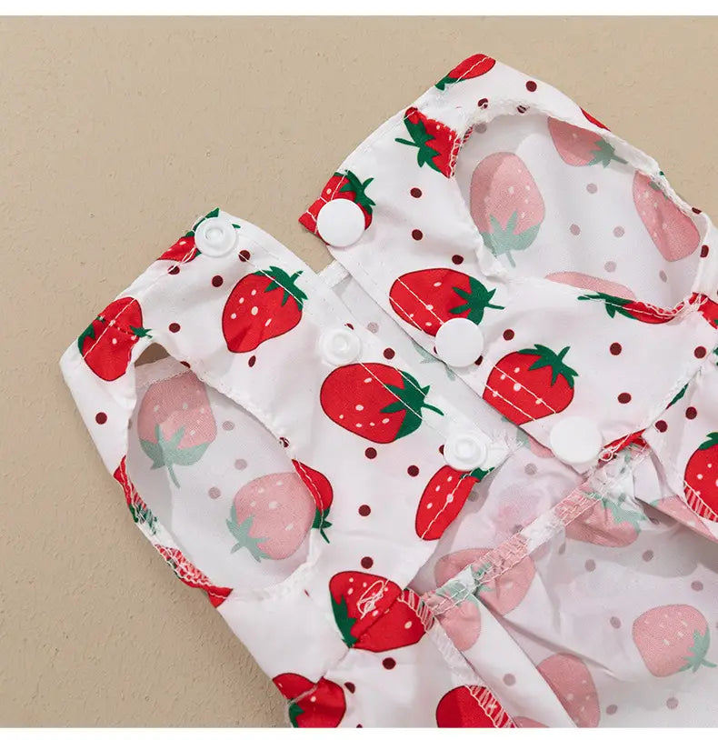 white raincoat with red and pink strawberry prints and snap buttons designed as a floral dog princess dress with bow