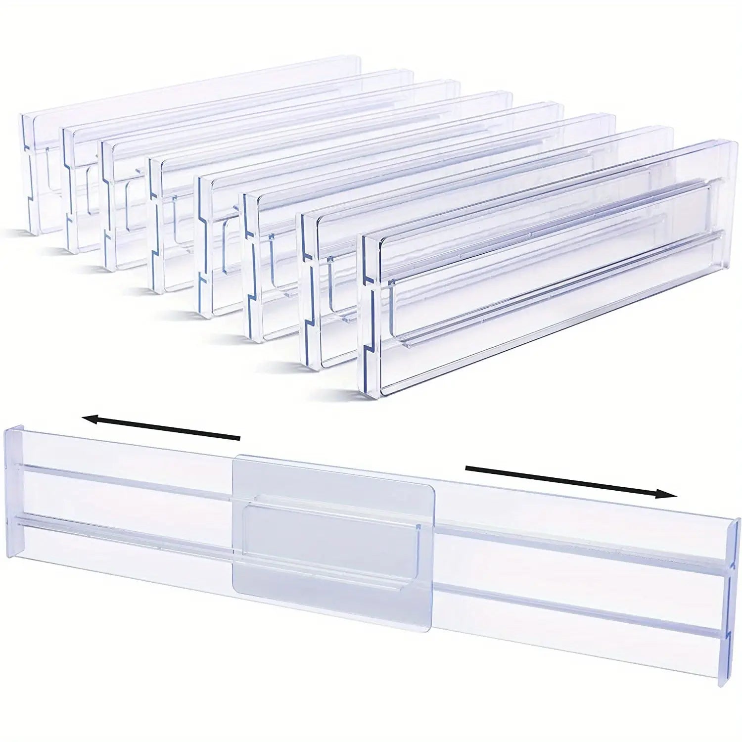 clear plastic drawer dividers are adjustable organizers made of transparent material featuring sliding compartments for customizable storage.