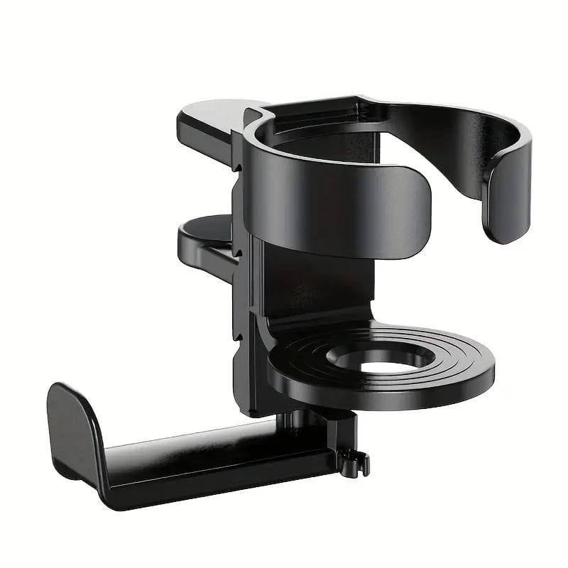 Black plastic desk cup holder and headphone hook with a sleek modern design and adjustable clamping mechanism.