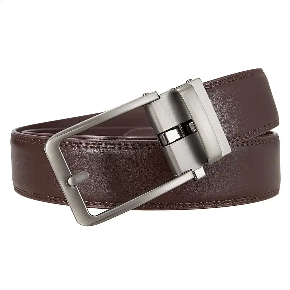 Brown leather men leather automatic buckle belt with a silver-toned automatic buckle.