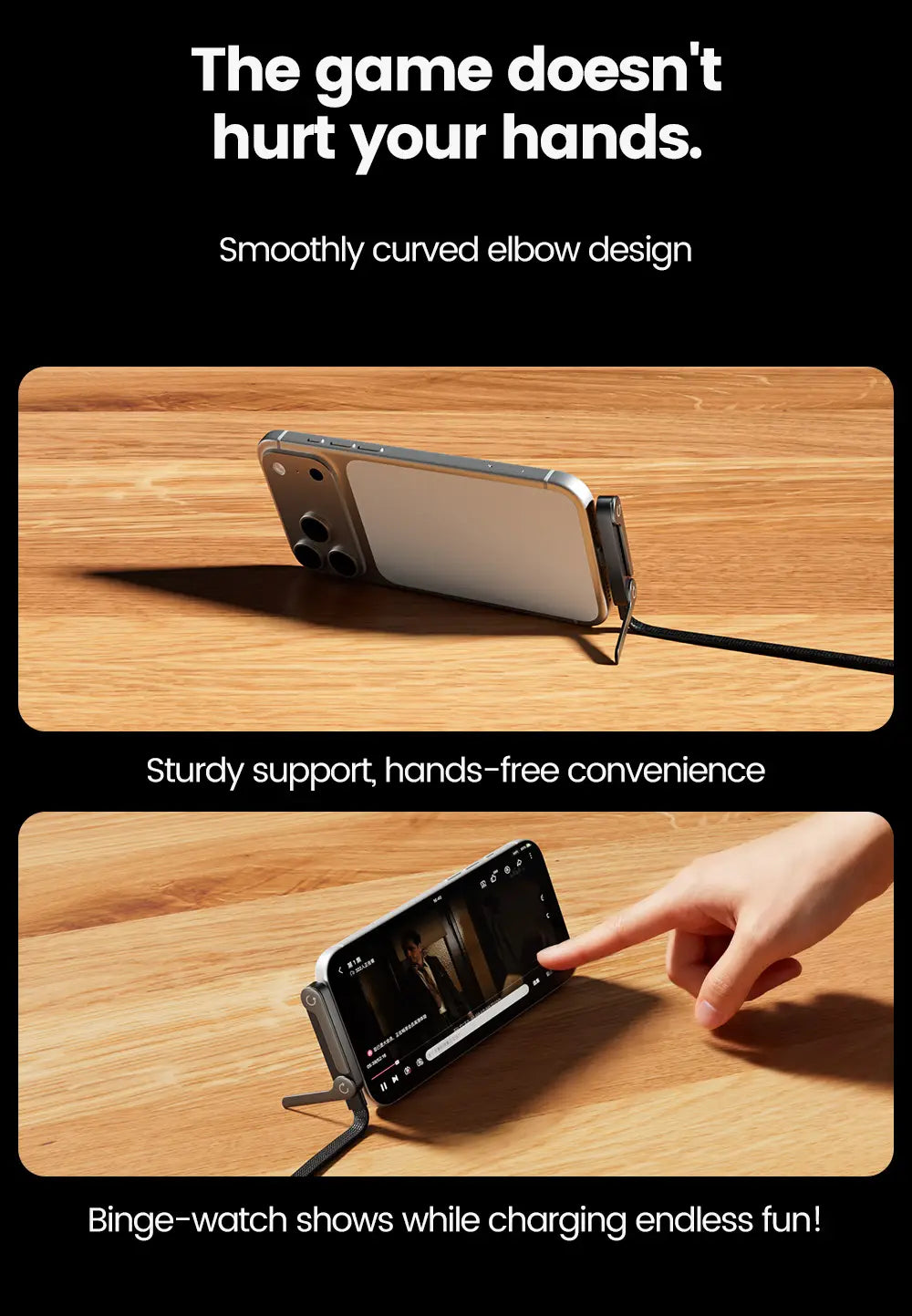 Silver iPhone with a sleek curved edge and triple-camera system resting on a black 65w USB C fast charging cable and phone holder stand.