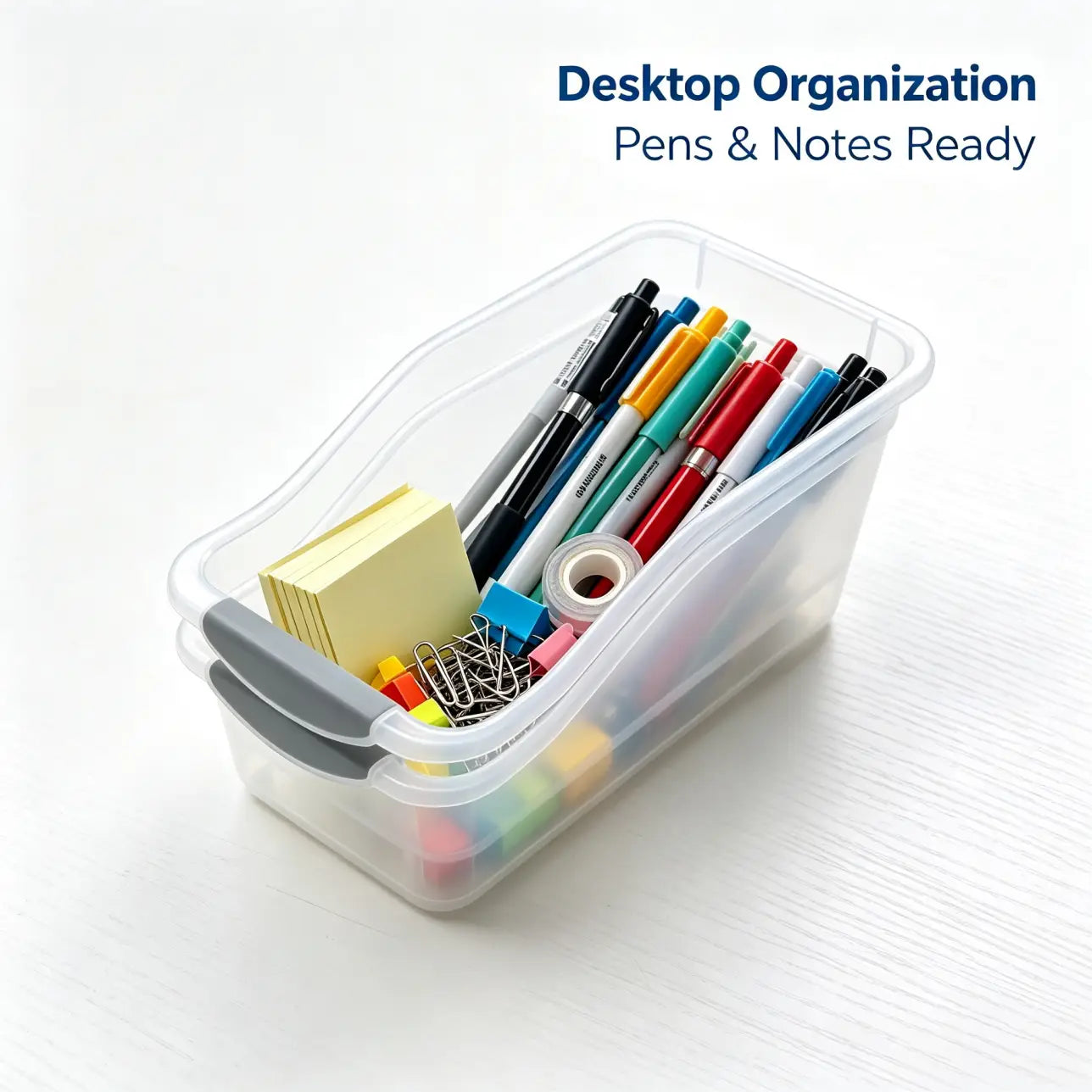 Clear plastic storage box with gray lid set featuring a clear plastic desktop organizer filled with pens sticky notes and office supplies.
