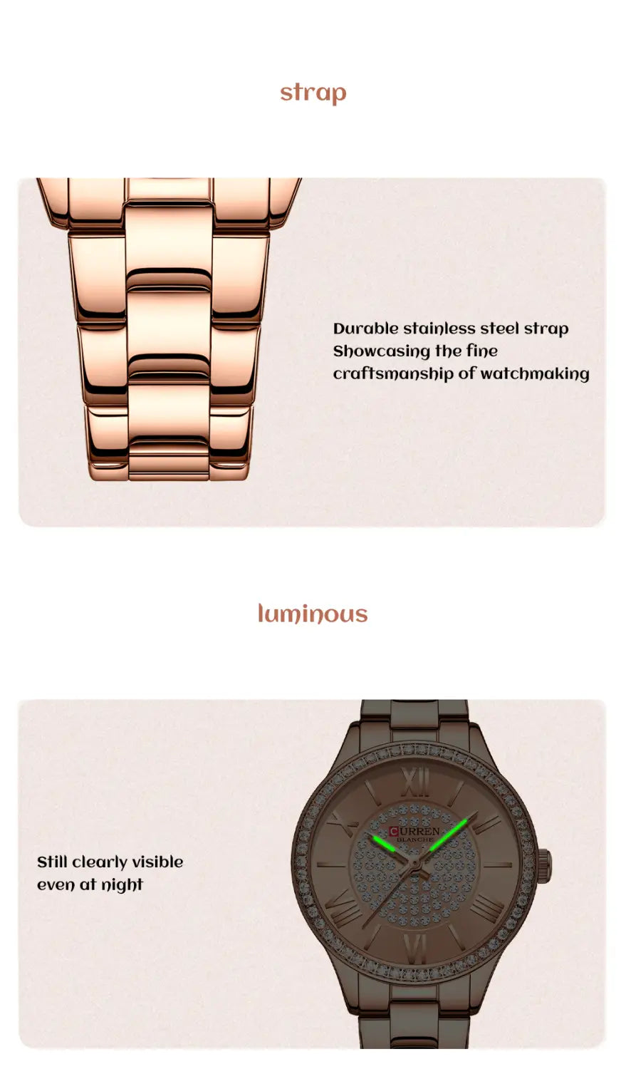 Curren women stainless steel crystal quartz watch featuring a rose gold stainless steel link strap with a dark gray dial and green luminous hands.