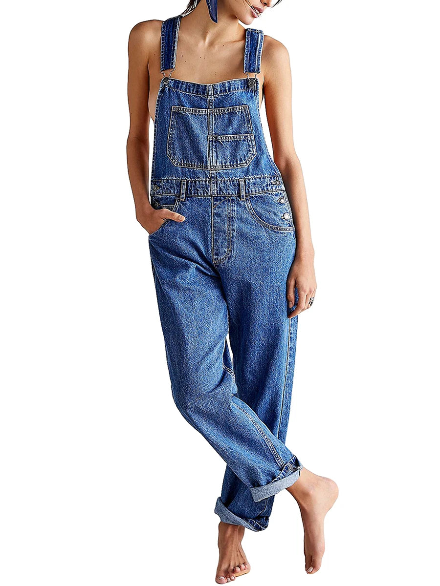 Women Denim Bib Overall Casual Adjustable Strap Denim Jumpsuit Loose Fit Straight Leg Overall Jean Pants Streetwear