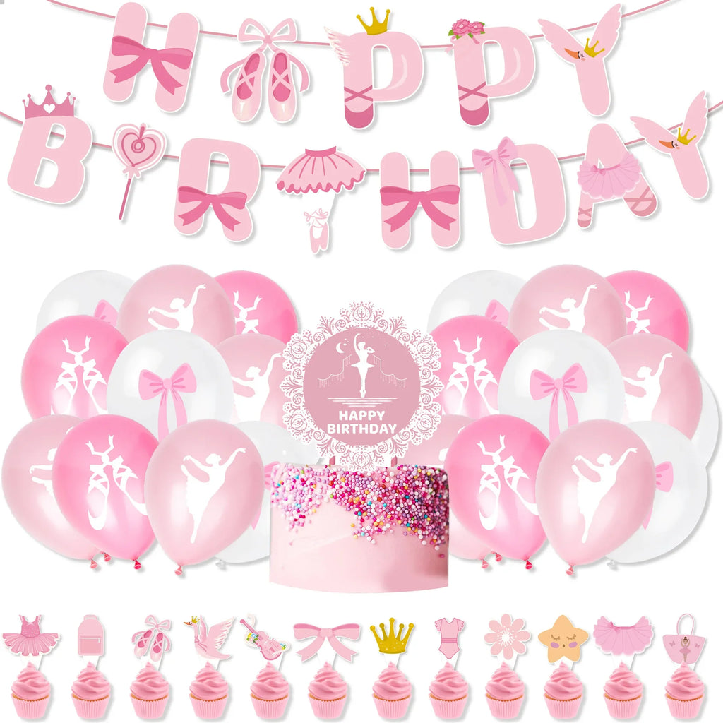 Pink Ballerina Ballet girl Happy Birthday Bunting Banner Balloon Cake Topper for Kids Girl Baby Shower Birthday Party Decoration