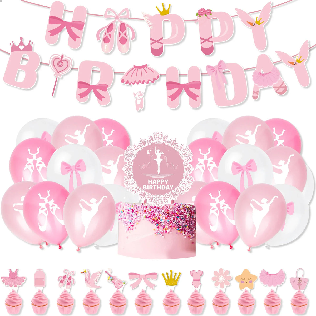 Pink Ballerina Ballet girl Happy Birthday Bunting Banner Balloon Cake Topper for Kids Girl Baby Shower Birthday Party Decoration
