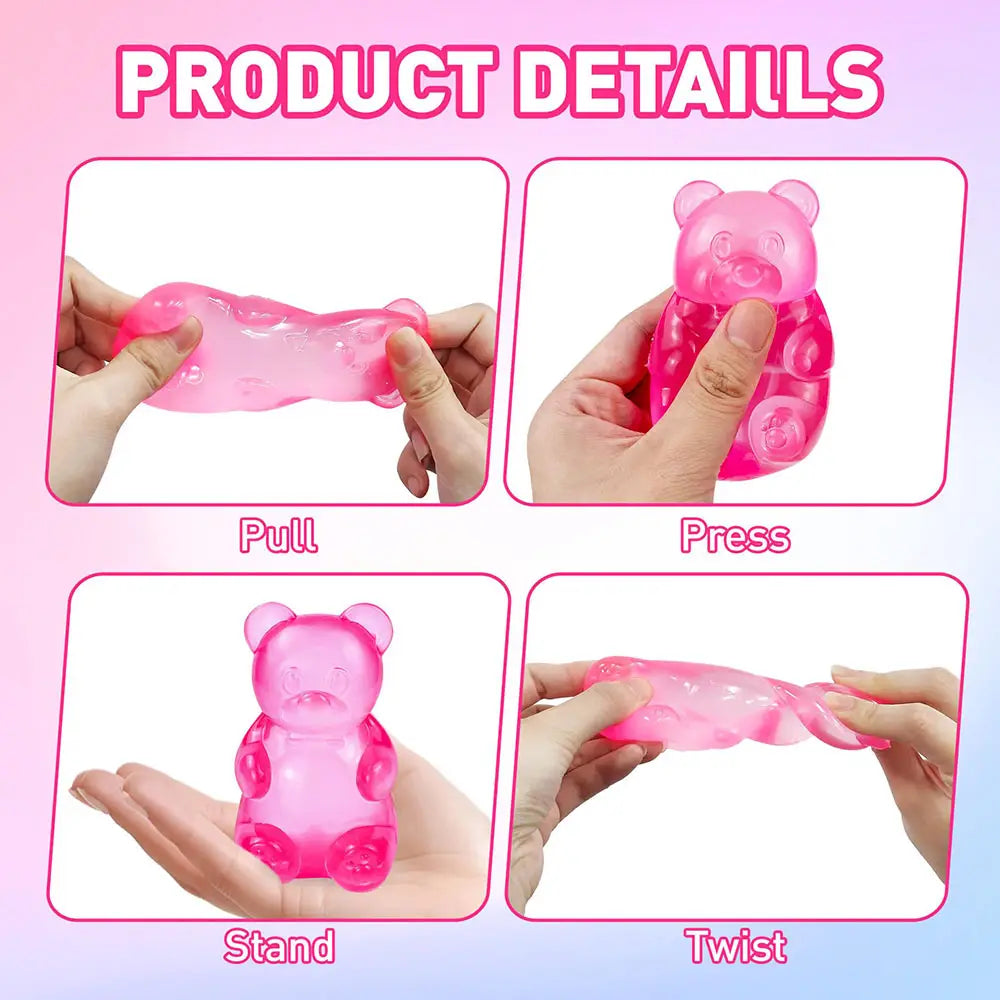 Pink translucent gummy bear sensory fidget toy made of soft silicone for stress relief and sensory play.