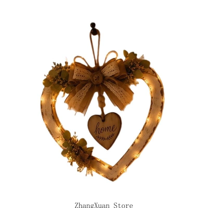 Plaque murale en forme de cœur à DEL au style rustique pour la décoration du foyer, comprenant une couronne en bois en forme de cœur à tons chauds, avec un nœud en dentelle, une verdure factice et une bande lumineuse à DEL éclairée le long de ses bordures.