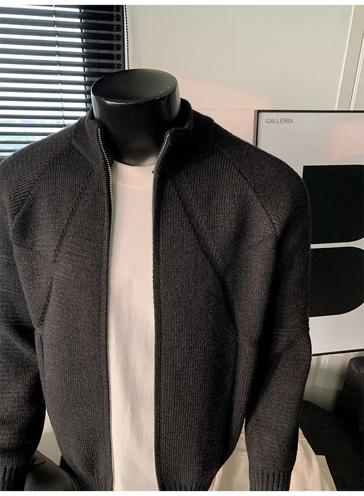 dark gray ribbed knit zip-up cardigan sweater displayed on a mannequin featuring full zip closure and available in size shoulder chest and shoulder chest length from m to 3xl