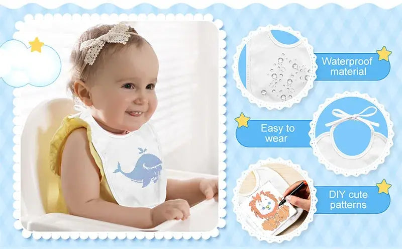White baby bib with blue whale design and lace trim featured in a Diy baby shower bib and bodysuit decorating kit.
