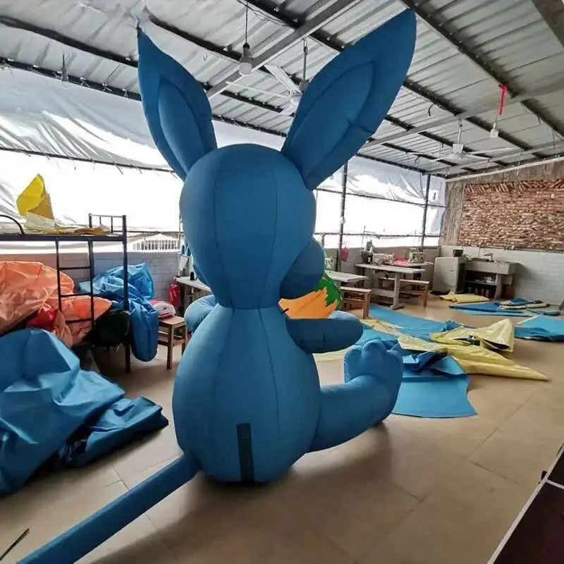 Easter Blue Bunny Holding Carrot, Iatable Cartoon Rabbit With Blower For Holiday Event Doorway, Party Decoration
