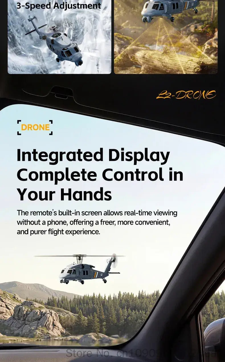 black remote control for helicopter with integrated display screen for real-time flight monitoring and 8k camera functionality