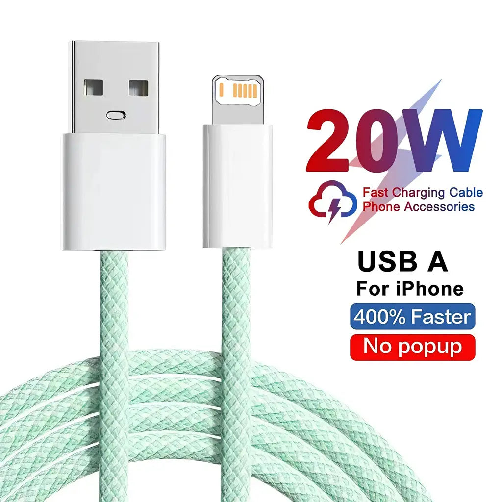 A mint green braided usb-a to lightning charging cable with white connectors designed for iphone fast charging and 20w power delivery.