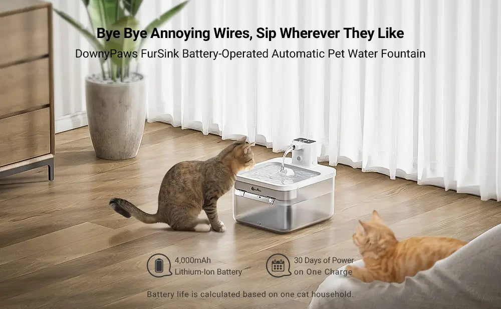White and transparent plastic downypaws fursink battery-operated automatic pet water fountain with a small spout dispensing flowing water for use as a wireless motion sensor pet water dispenser 2.5 liters.