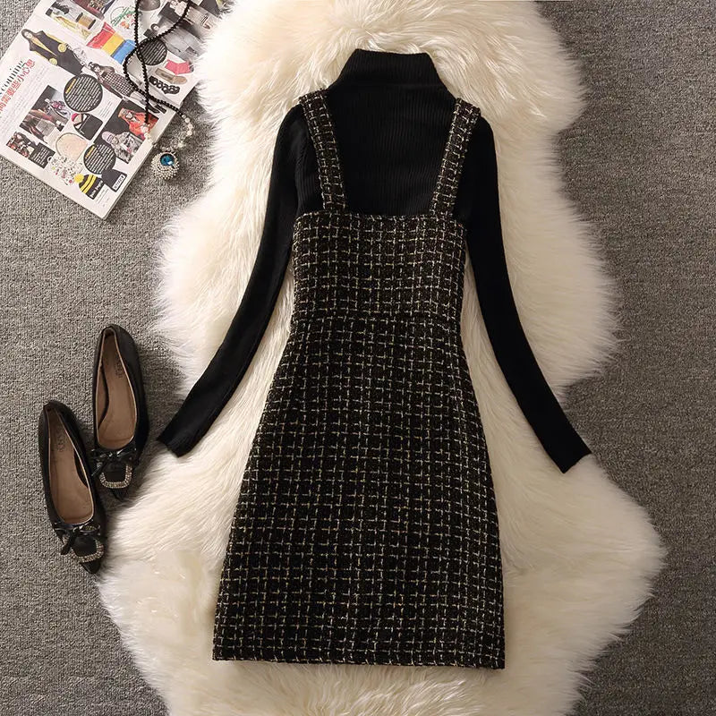 Women Autumn Winter Dress New Small Fragrant Tweed Vest Suspender Woolen Dress Bottom Knitted Sweater Female Two-Piece Set Suit
