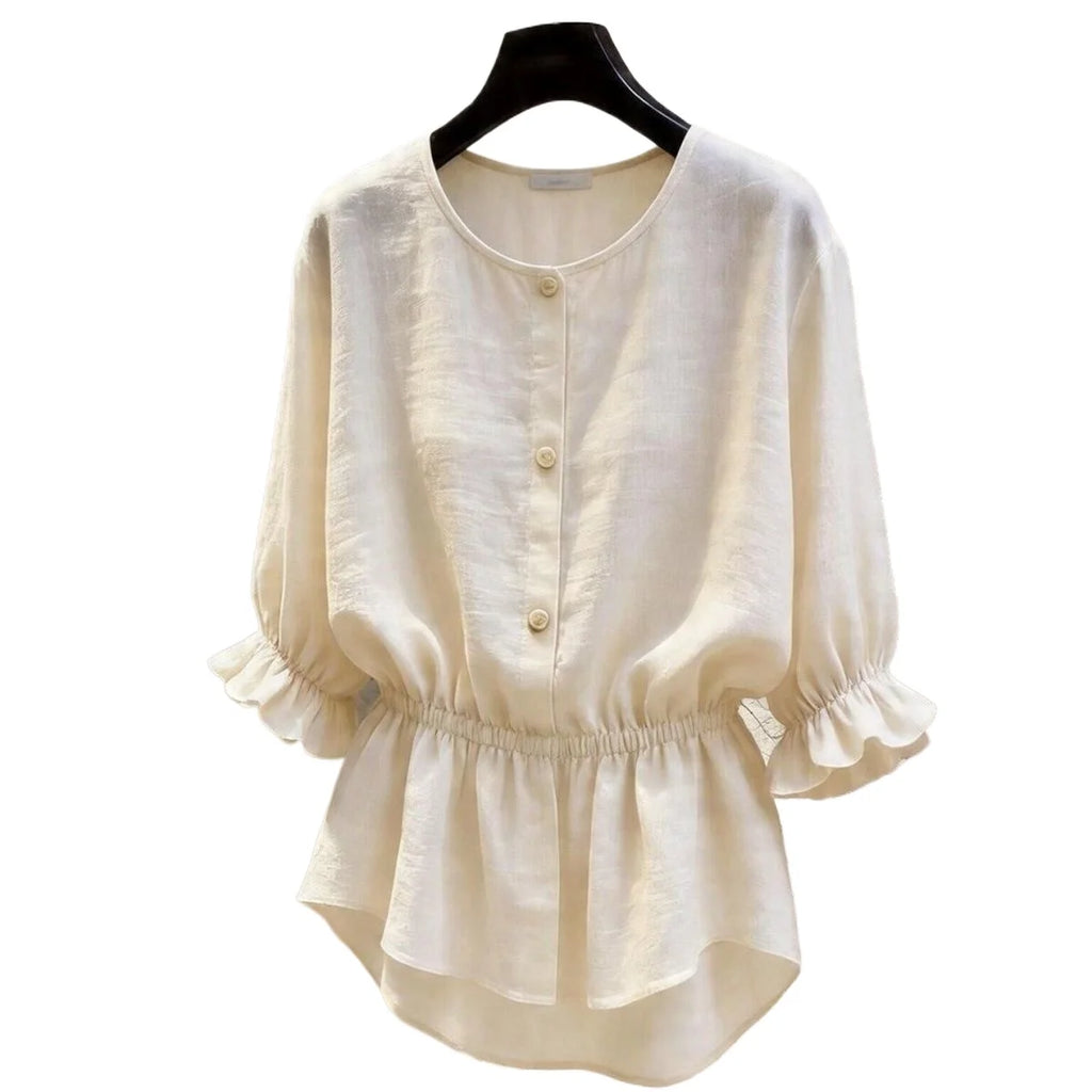 Chic French Waist Solid Shirt Women's Summer Lantern Sleeves Slim Commuter Top Fashion Korean Loose Blouse 2026 New Shirts