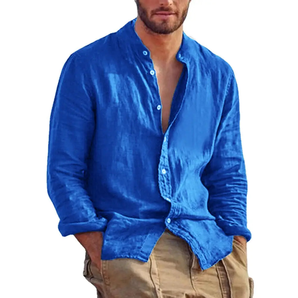 A vibrant royal blue men’s linen long sleeve stand collar casual shirt with button-down front and rolled-up cuffs.