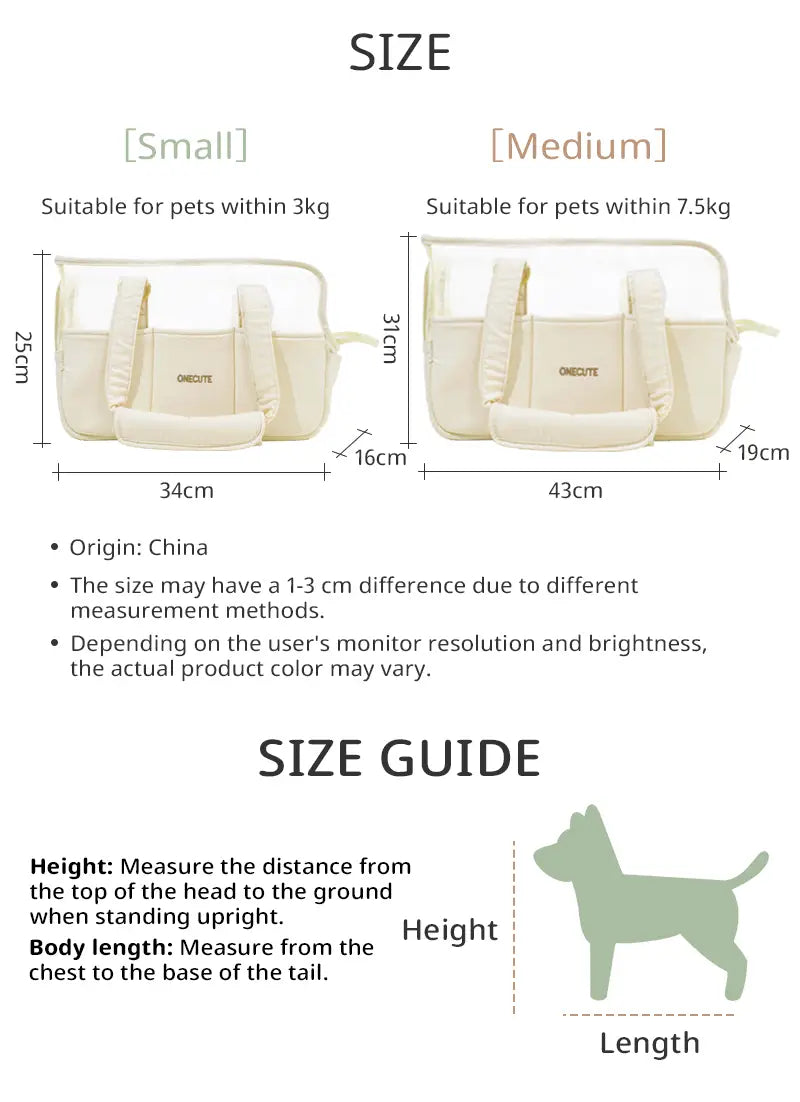 Sac à dos pour chien de petite taille en toile respirante de couleur crème, fabriqué dans un tissu souple, avec bretelles réglables et une poche avant.
