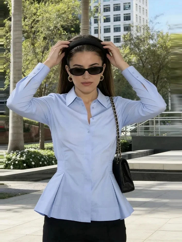 Women's Chic Skirt Style Hem Blouses Shirts Spring Summer Female Single Breasted Slim Fit Long Sleeved Shirts Lady OL Shirt Tops