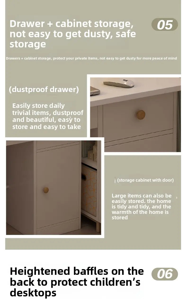 cream-colored wooden cabinet with round wooden knobs and a dustproof drawer for safe tidy storage in a modern wood student computer desk with integrated bookshelf
