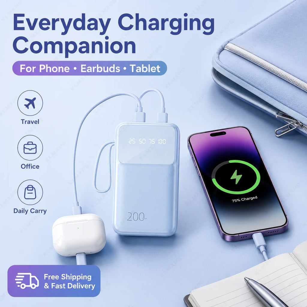 20000mAh Portable Power Bank Built-in 3 Cables Rechargeable External Battery Pack with Digital Display for iPhone Android