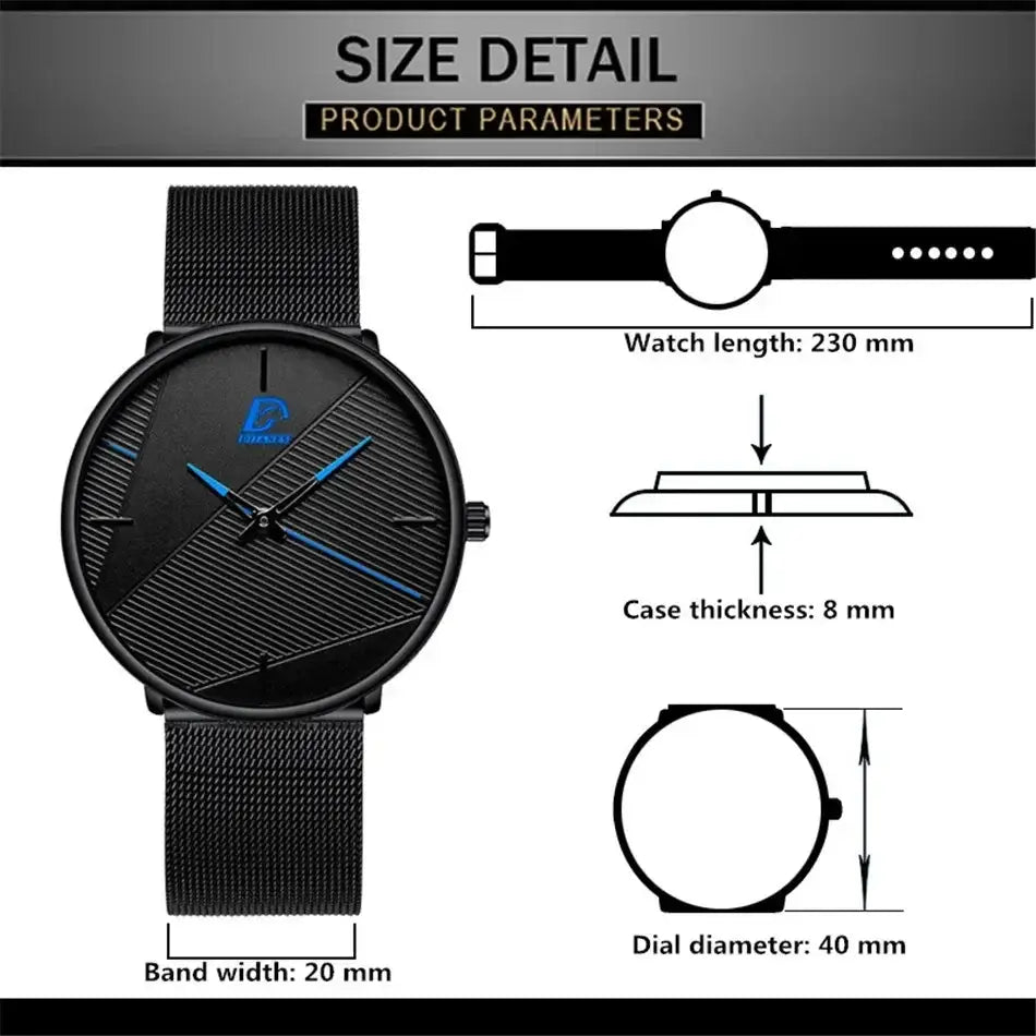 Herrenarmbanduhr aus schwarzem Mesh, Quarz, mit einem eleganten, modernen Design: blaue Stunden- und Minutenzeiger auf einem strukturierten Zifferblatt.