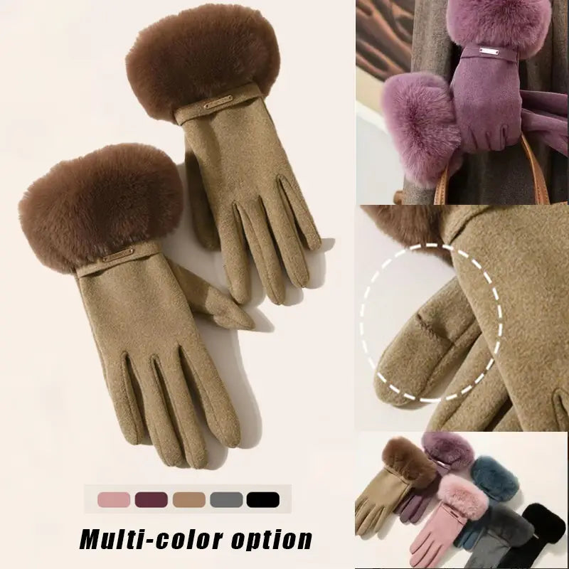 Warme Damen-Touchscreen-Winterhandschuhe in Taupe verfügen über plüschige braune Kunstfellbündchen und ein elegantes, weiches Material am Handflächenteil, ausgelegt für windabweisenden Schutz.