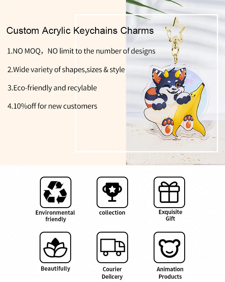 Custom acrylic anime photo keychain featuring a clear charm with a cartoon fox in orange and black markings holding a yellow banana and topped with a gold star-shaped clasp.