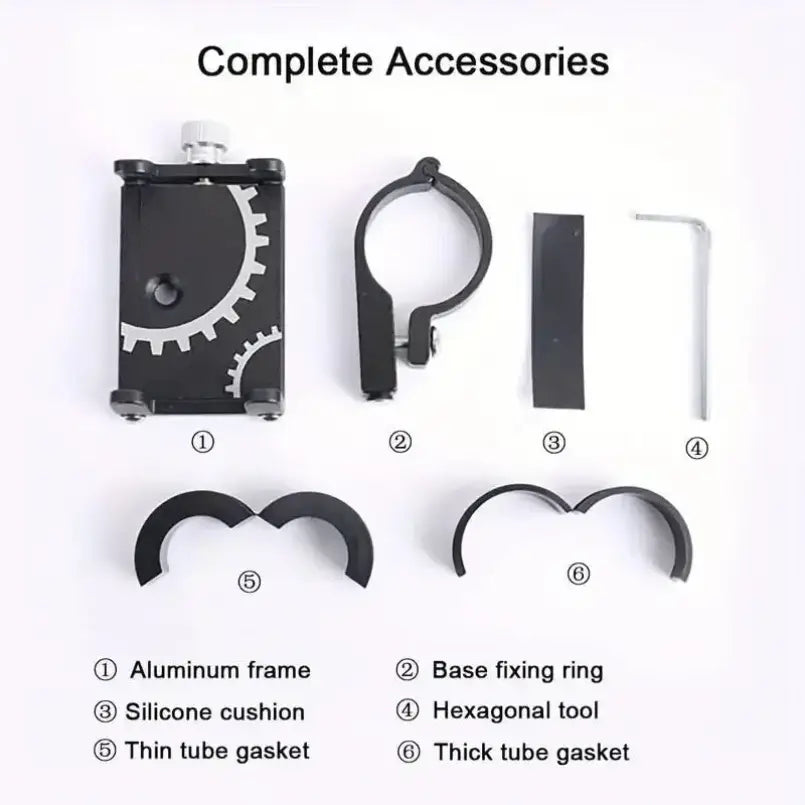 Soporte para teléfono para bicicleta de metal con marco de aluminio negro, con diseño de engranajes plateado