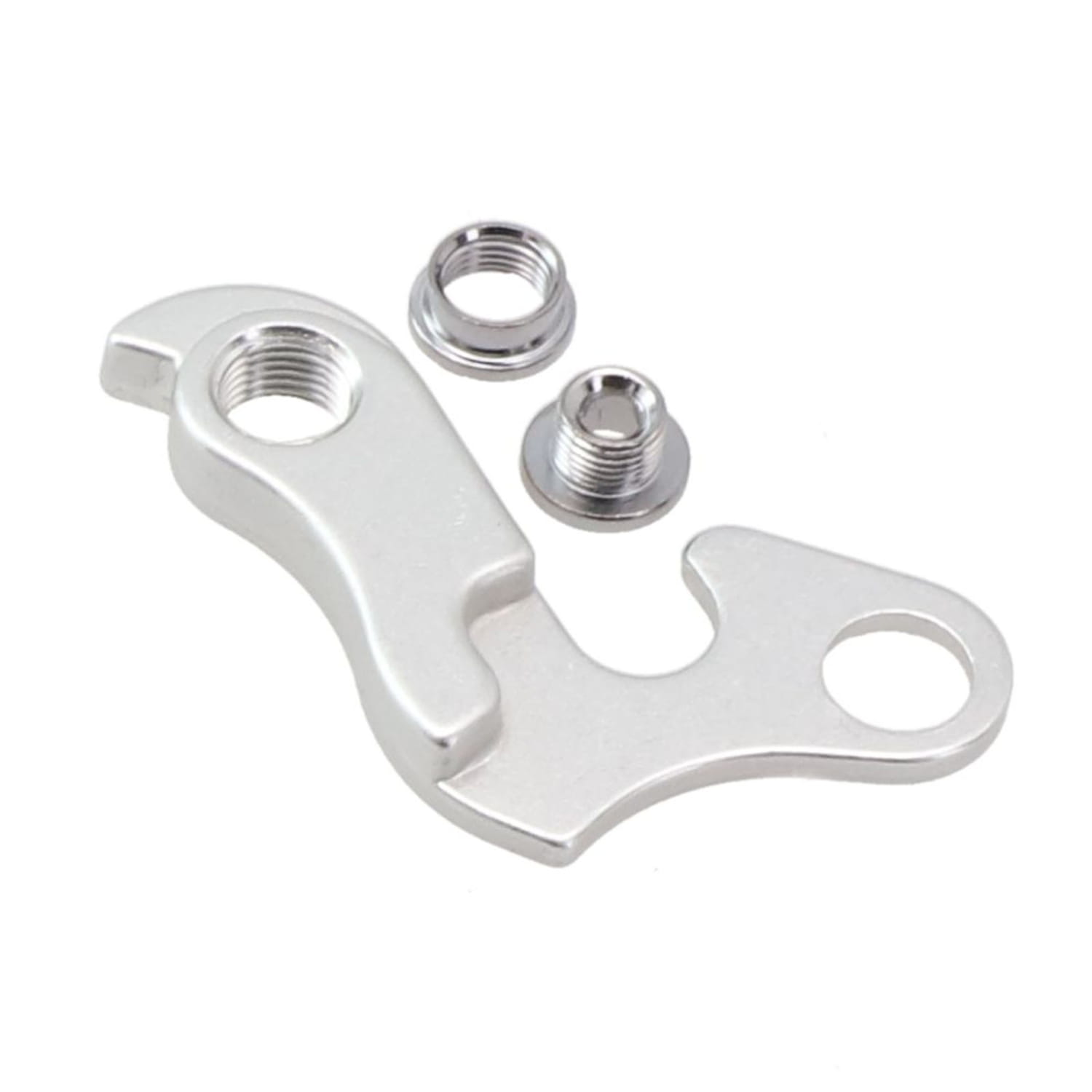 Placa/soporte de cambio trasero de aleación de aluminio para Merida y Carrera, mostrada desde la parte posterior, con acabado plateado metalizado y dos tuercas de fijación roscadas a juego.