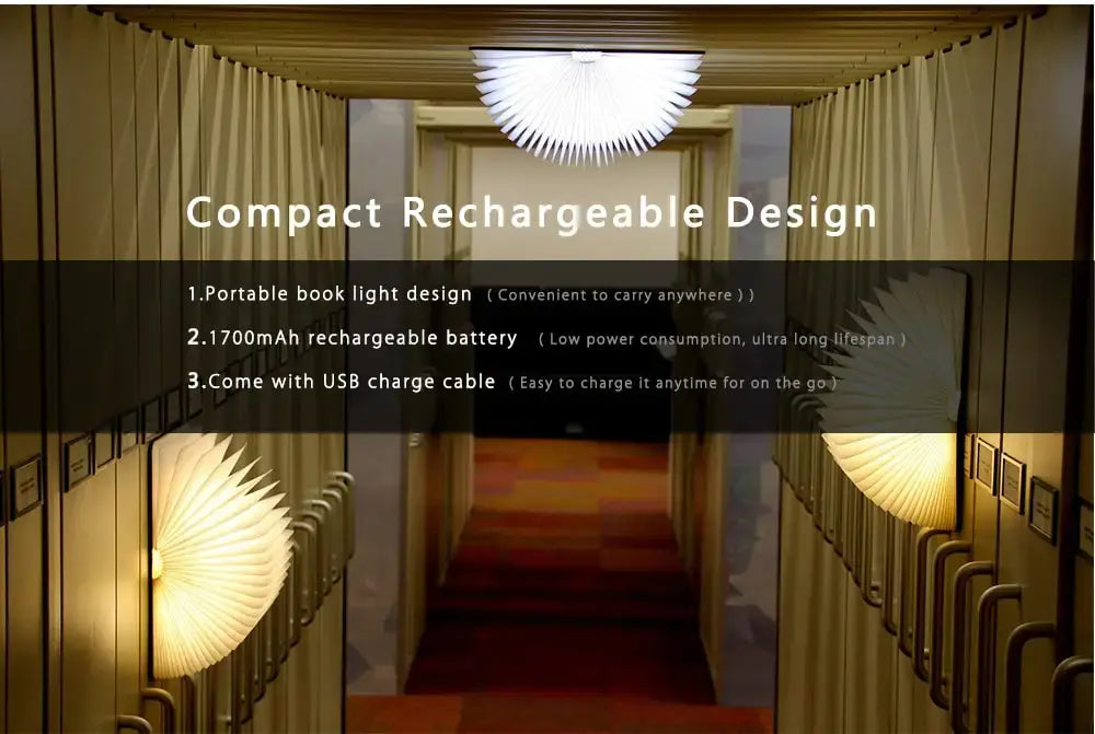 Luz LED plegable con forma de libro con un marco metálico elegante y un brillo cálido en un diseño compacto con forma de abanico, mostrada desde el frente.