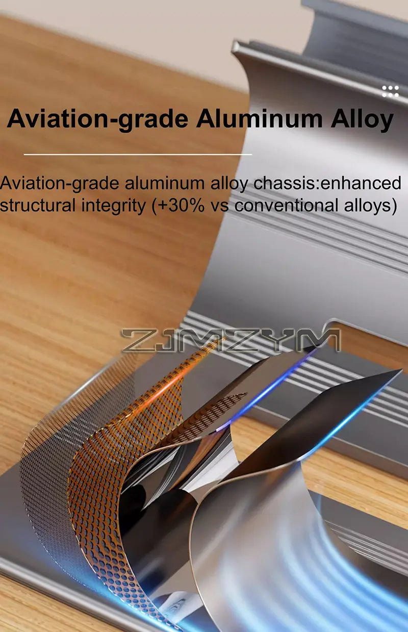 Shiny curved aviation-grade aluminum alloy chassis with a sleek metallic finish and reinforced structural design in an aluminum laptop stand adjustable silver desk holder.