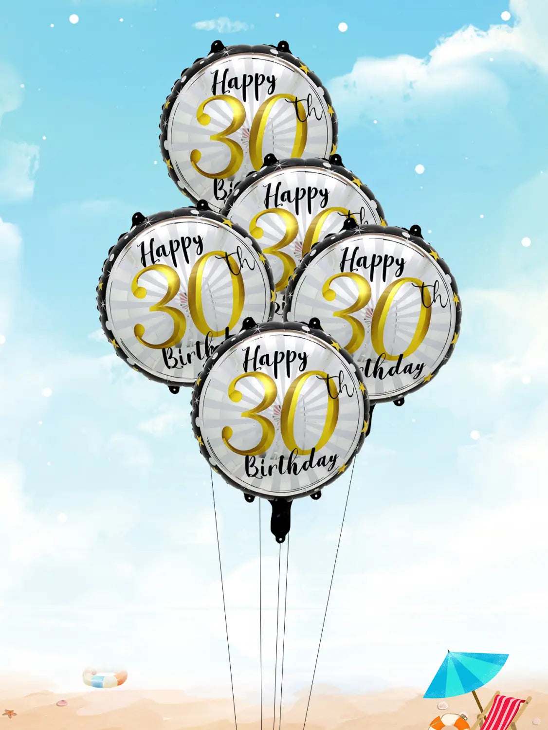 Ensemble de cinq ballons en feuille métallique ronds dorés et argentés avec souhaits joyeux pour le 30e anniversaire, dotés d’une surface brillante et réfléchissante, pour les célébrations d’anniversaire marquant.