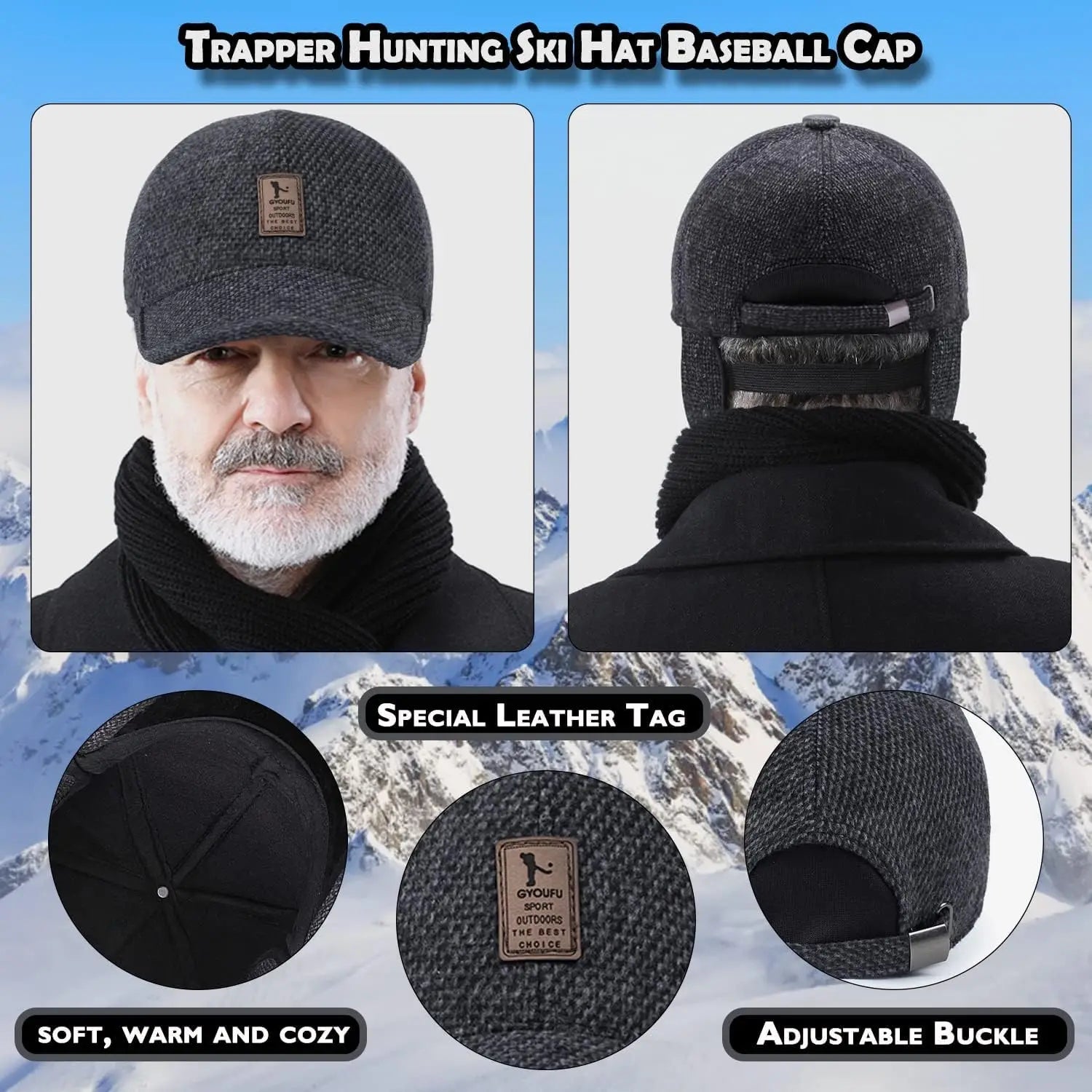 Mens winter baseball cap with earmuffs in dark gray textured wool featuring a fleece-lined brim and adjustable buckle.