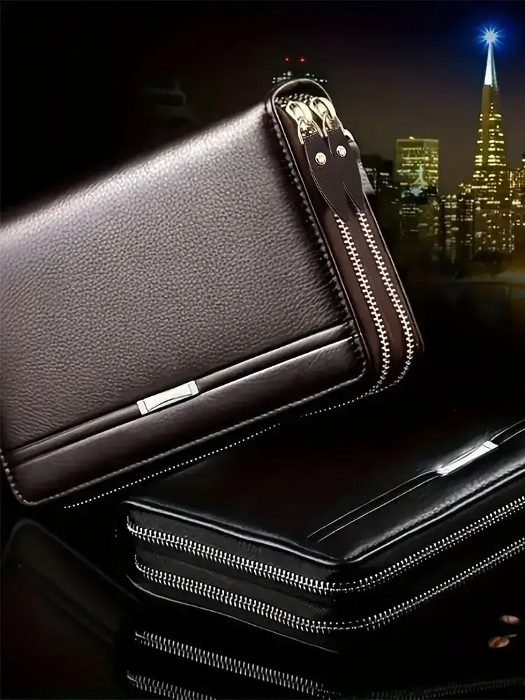Porte-cartes de portefeuille long pour homme en cuir noir, avec fermetures à glissière argentées et un design moderne et épuré, comprenant une poche intérieure à emplacement pour un rangement organisé.