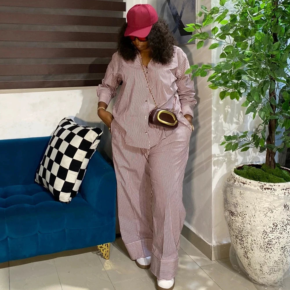 Chic Striped Matching Set Women Long Sleeve Shirt Drawstring Waist Wide Leg Pants African Street Holiday Comfort Two Piece Suit