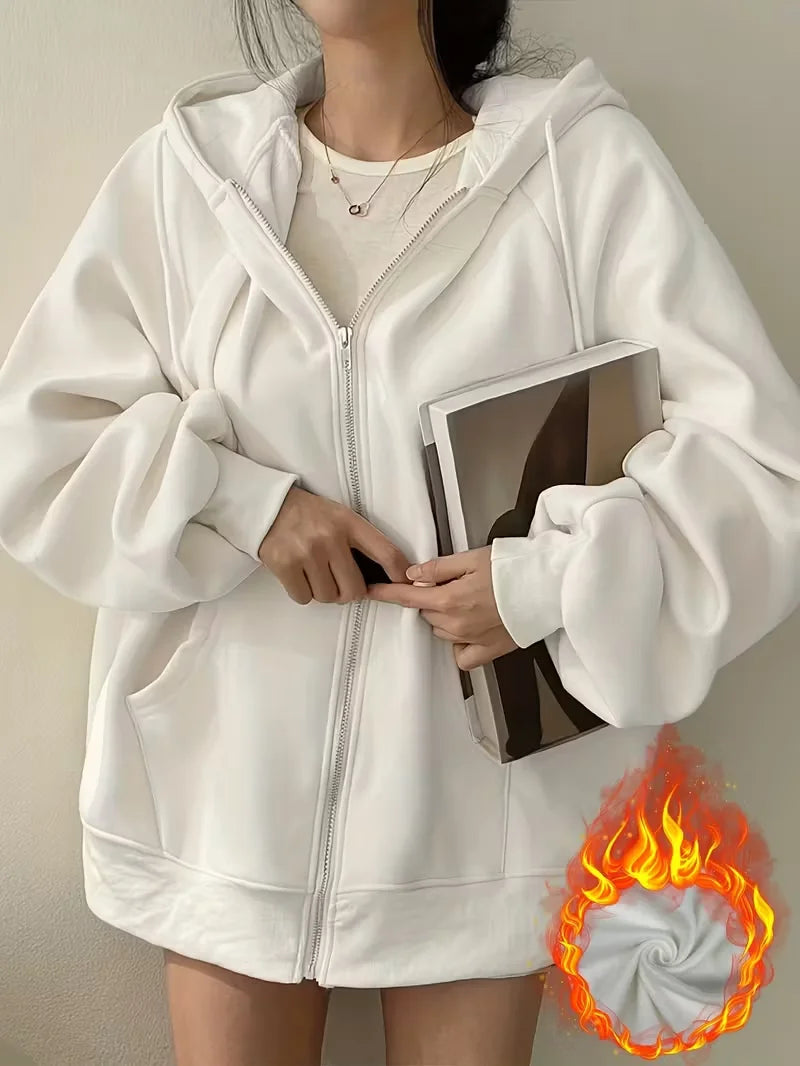 Women's Casual Oversized Hoodies Sweatshirt Zipper Pockets Solid Color Pullover Loose Fit  Autumn Winter Fall Streetwear Jacket