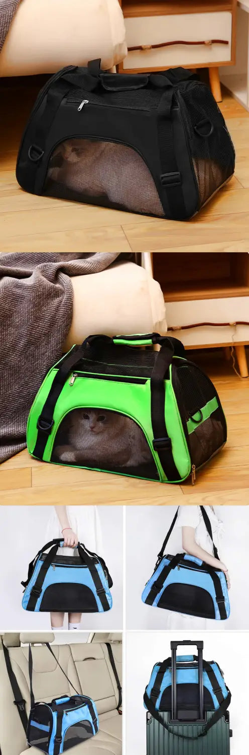 Bolsa de viaje para mascotas negra y verde con laterales de malla transpirable y construcción resistente de tela, que proporciona un espacio cómodo para perros y gatos pequeños.